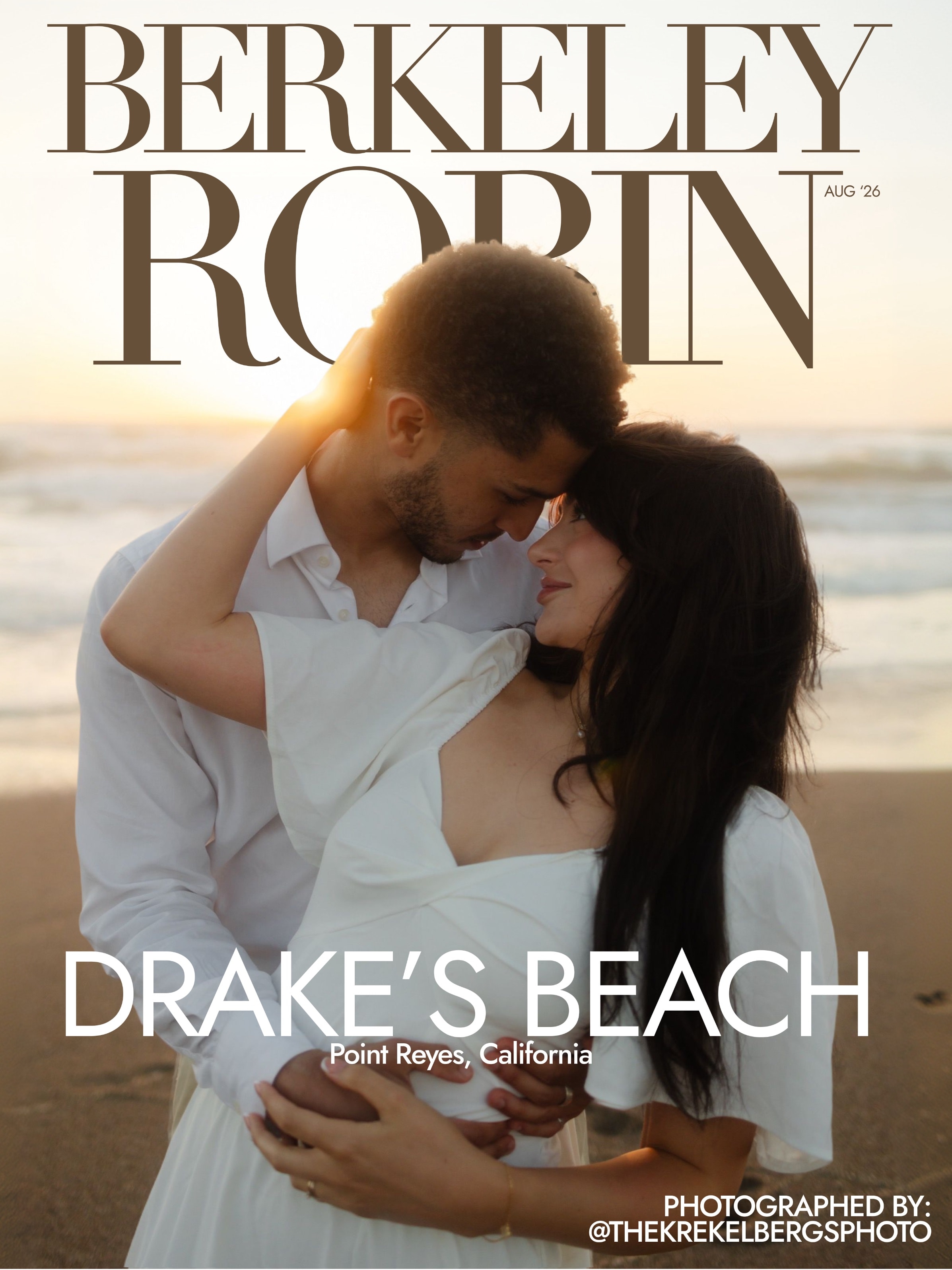 Drake's Beach magazine cover of Berkeley and Robin forehead to forehead at golden hour