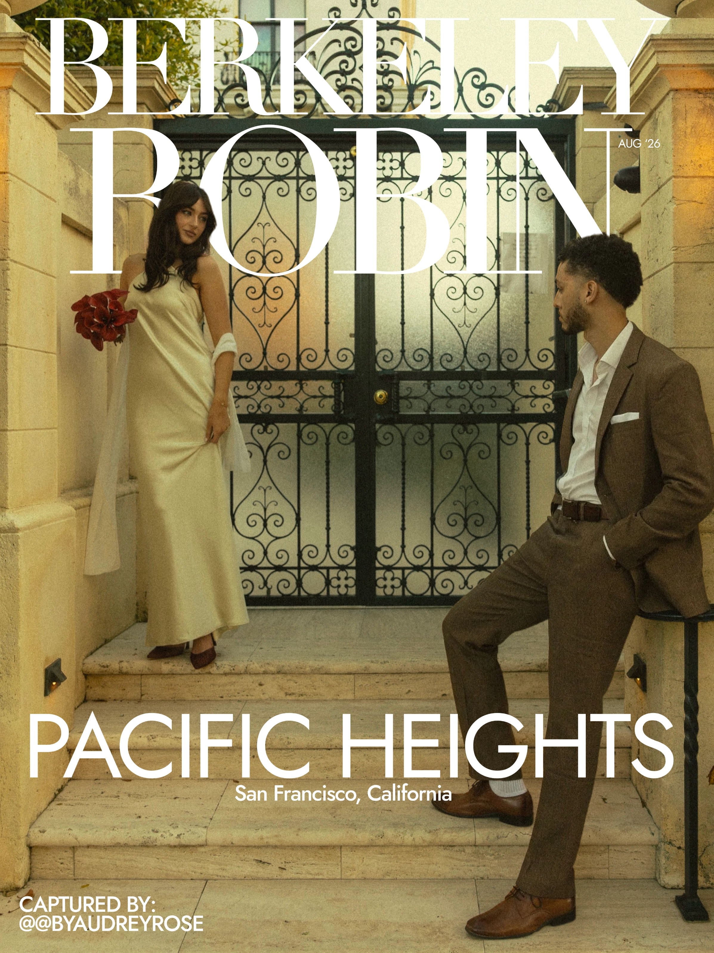 Pacific Heights magazine cover of Berkeley and Robin at a wrought-iron gate in San Francisco